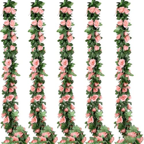 5pack Flower Garland Artificial Fake Rose Garland Vine Artificial Flowers for Decoration Floral Garlands Decor-Total 41 Ft (Pink) - color: Pink
