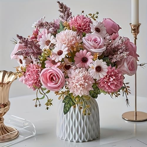 2 Bouquets of Vibrant Pink and White Peonies - Real Touch Artificial Flower Arrangement with Roses, Lavender, and Eucalyptus - Perfect for Weddings, Birthdays, Anniversaries - color: Pink