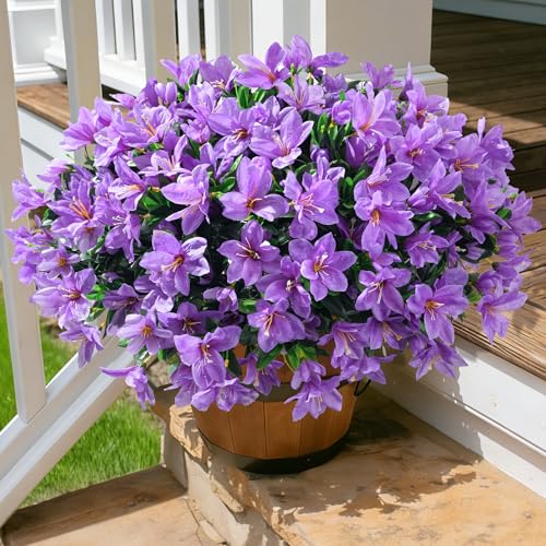 INSPRING Artificial Flowers for Outdoors Spring Summer Decorations, 3 Bundles Fake Azalea Flower Faux Outdoor Plants UV Resistant Realistic Silk Flowers for Outside Planter Patio Garden Walkways Home - color: Purple