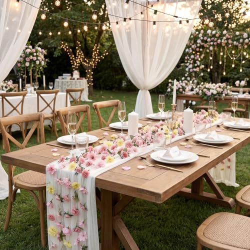 6 Pcs 35.4 Inch Artificial Flower Garland with 3 Pcs 10 ft Floral Tulle Table Runner Spring Summer Wildflower Dining Table Decor for Flower Wedding Party Backdrop Decorations - style: Watercolor Flower