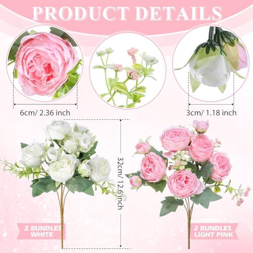 Crowye 4 Bundles Peonies Artificial Flowers Silk Faux Peonies Wedding Artificial Flower Bouquet for Table Centerpiece for Home Wedding Decor Bridal Floral Arrangement(White, Light Pink) - color: White, Light Pink