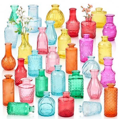 32 Pack Glass Bud Vase Set, Small Flower Vase Set Bud Vases for Wedding Centerpiece Table Decor, Vintage Small Vases for Room Home Dining Party Table Center Decor (Colorful Set, 32 Pack) - color: Colorful Set, size: 32 Pack