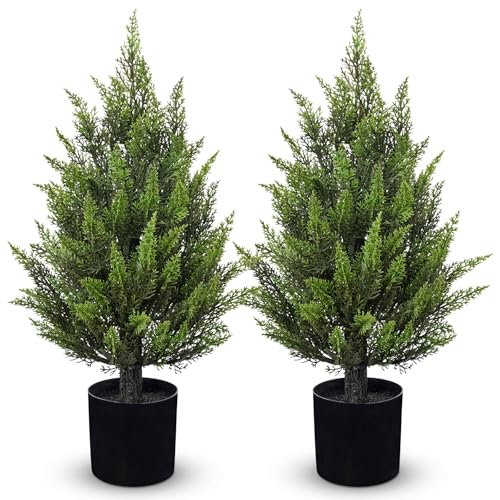 Briful 17.7'' Artificial Cedar Topiary Tree in Black Pot – Set of 2 Lifelike Evergreen Faux Plant for Outdoor Indoor Home, UV Resistant, Potted Fake Cypress Shrub for Farmhouse Living Room Décor