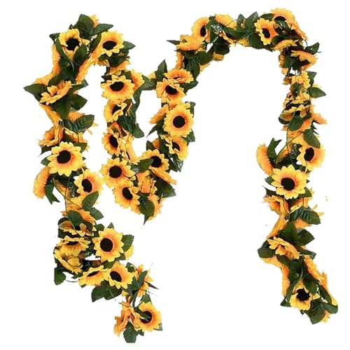 2 Pack Artificial Sunflower Garland Faux Silk Decor Sunflower Vine Hanging Flowers for Outdoor with Green Leaves Home Wedding Party Decoration