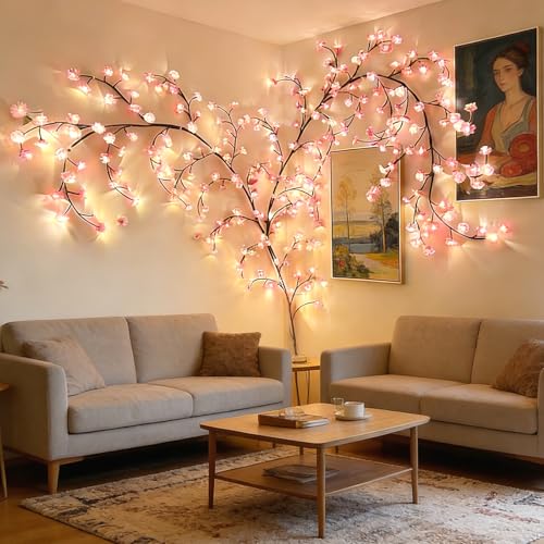 Cherry LED Tree Branch Lights for Wall, 72 LED Cherry Blossom Lights Flower String Lights with USB Powered,8 Lighting Modes,Willow Vine Lights for Bedroom Window Wedding Outdoor Decor(63 in) - color: Sakura 63IN