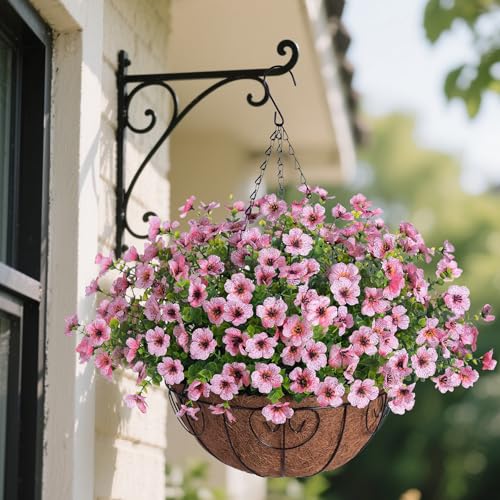 Ammyoo Artificial Faux Hanging Plants Flowers Basket for Spring Outdoor Decoration, Fake Silk Daisy UV Resistant Look Real with Eucalyptus Leaves Summer Outside Decor for Home Patio Garden - color: Pink