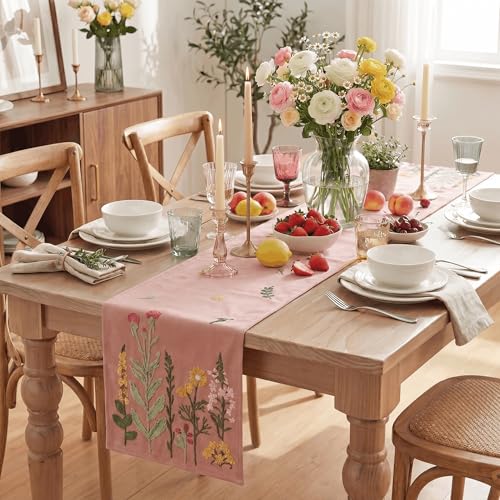 Artoid Mode Pink Soft Chain Embroidery Wild Floral Spring Table Runner, Seasonal Summer Kitchen Dining Table Decoration for Home Party Decor 13x72 Inch - color: Pink, size: 13" x 72", Table Runner