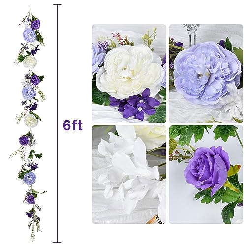 Lvydec Artificial Peony Flower Garland - 6ft Silk Peony Purple Flower Garland Arch Flower Vine for Wedding Party Table Decoration (2, Purple and White) - color: Purple and White