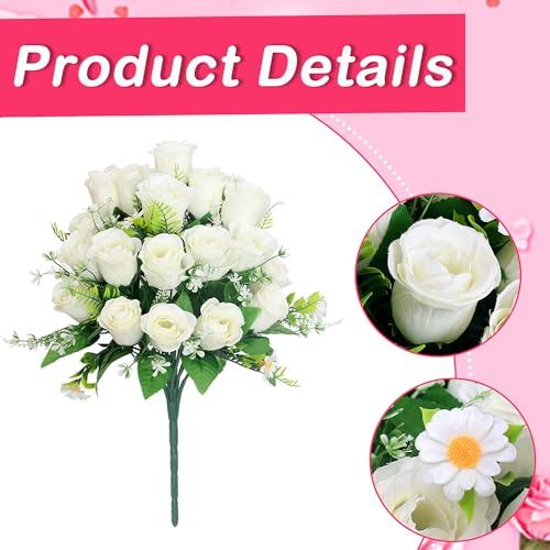 Wocst Artificial Cemetery Flowers for Grave Memorial Day Flowers for Cemetery,2Pack Artificial Silk Roses Daisy Bouquets with Cemetery Vases for Outdoor Grave Decorations ﻿ (White) - color: White