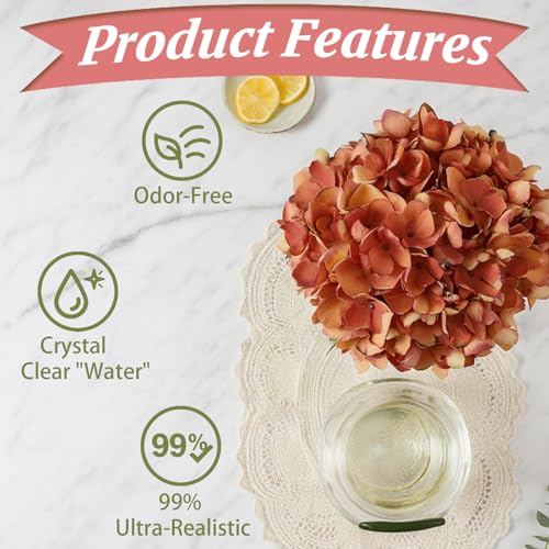 Orange Artificial Hydrangea Flowers with Glass Vase, Faux Floral Arrangements with Fake Water, Lifelike Hydrangeas Table Centerpieces for Dining Room, Coffee Table, Bathroom Decor - color: D-orange