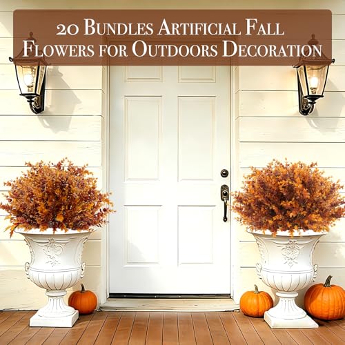 20 Bundles Artificial Fall Flowers for Outdoors Fall Decorations - UV Resistant Fake Mums Faux Plant Plastic Flowers Gardens Porch Fireplace Home Indoor Thanksgiving Autumn Decor(Brown Eucalyptus) - color: Brown Eucalyptus, size: 20 Bundles