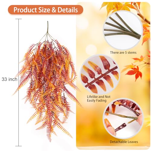 RECUTMS Fake Hanging Plants 4 Pcs Artificial Boston Ferns for Outdoors UV Resistant Draping Faux Greenery Plastic Decorative Vines for Bedroom Wall Garden Wedding Indoor(Brown) - color: Brown