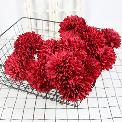 Tinsow 12Pcs Artificial Chrysanthemum Faux Red Ball Flowers Burgundy Fall Flowers for Christmas Autumn Farmhouse Home Decoration (12, Red) - color: Red