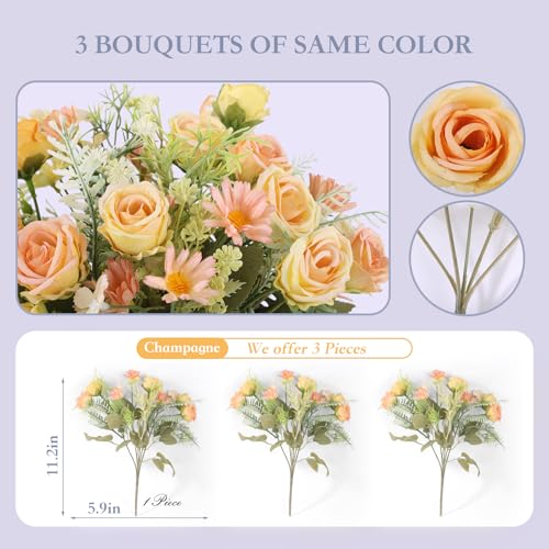 3 Pcs Artificial Rose Flowers Fake Flowers Bouquet Faux Flower Arrangement for Wedding Home Centerpieces Decor(Champagne) - color: Champagne