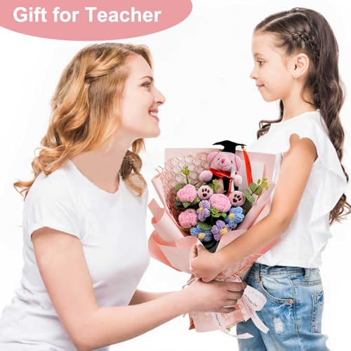 Graduation Gifts Crochet Flowers Bouquet, Handmade Sunflower Rose Bear Graduations Flower Bouquet for Birthday, Teacher Appreciation Gifts, Christmas, Home Décor (Include Card) Pink - color: Pink