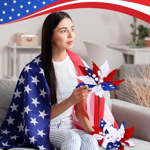 Giegxin 8 Pcs 8'' July 4th Red White Blue Flowers Patriotic Artificial Poinsettia Stems 250th Velvet Red White Blue Ornaments Fold Floral for Holiday Patriotic Party 4th of July Decorations - color: Red White Blue
