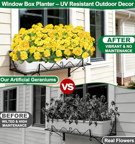 TURNMEON Artificial Geraniums Flowers for Outdoors Summer Decoration, 4 Bundles Fake Flowers Silk Yellow Flowers UV Resistant No Fade Faux Plants for Planter Gardens Table Porch Indoor Cemetery Decor - color: Yellow