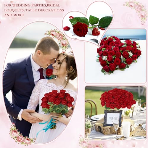 Hananona 50 Pcs Artificial Roses in Bulk, Fake Silk Red Roses Realistic Roses for Wedding Centerpieces Flower Arrangement Home Decor (50, Red) - color: Red