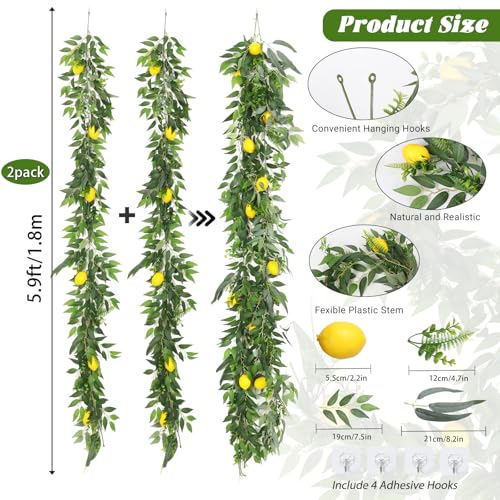 RECUTMS 2Pcs 5.9Ft Artificial Ivy Vines with Lemon and Willow Eucalyptus Italian Ruscus Fern Leaves Fake Rattan Greenery Indoor Outdoor Home Wall Patio Garland Wedding Bar Beach Summer Decor - color: Willow Garland With Lemon