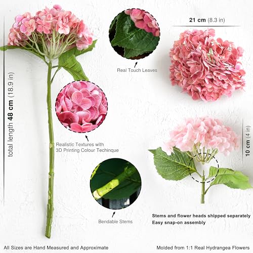 FiveSeasonStuff Real Touch Silk Hydrangea Flowers, 2 Large Long Stem Artificial Flowers for Floral Arrangements (Double Pink) - color: Double Pink (2 Stems)