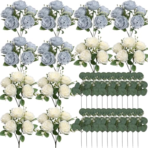 Peonies Artificial Flowers Bulk, 12 Bundles Fake Silk Peonies Faux Eucalyptus Bouquet Realistic Peony Floral Arrangement for Wedding Table Centerpiece Vase Decor (Dusty Blue & White) - color: Dusty Blue & White