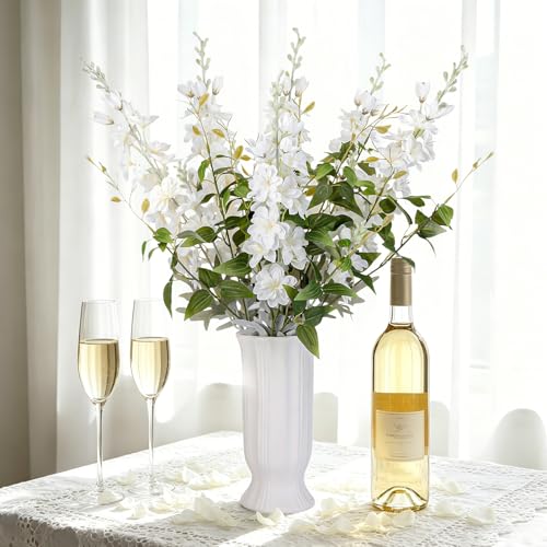 10 pcs Artificial Delphinium Flowers with Clematis Greenery, White Fake Larkspur Flowers & Clematis Leaves for Tall Vase, Wedding Arch Bouquet Floral Arrangement Home Party Table Centerpiece - color: White+green, size: 33.86 inch