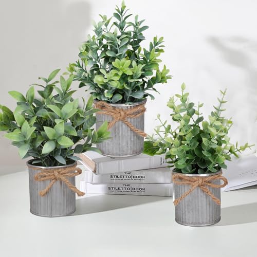Yoratee Small Artificial Plants Set of 4 Fake Potted Plant with Iron Pot Mini Greenery Decor for Indoor Home Porch Garden Bathroom Décor - color: Silvery