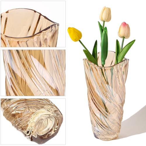 Glass Vase,Elegant Spiral Decorative Centerpiece for Home, Office,Wedding, Stylish Blown Glass Flower Vase - color: Amber, size: 9.4" Hight