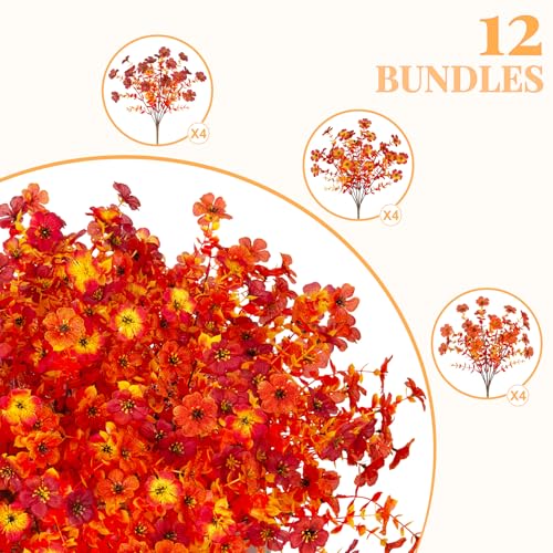 INXUGAO Artificial Fake Mums Fall Flowers for Outdoor Outside Decoration 12 Bundles Faux Silk Flowers Plants Realistic Daisy UV Resistant Fall Décor Autumn Front Door Porch Patio Yard Decoration - color: Y2-red Orange Sunset