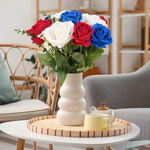 12PCS Artificial Realistic Silk Fake 3-Colored Roses Long Stem | 3 Colors Mixed Roses For Wedding Decoration, Party Table Decoration, Valentines Mother's Day - color: 4 Red/4 White/4 Blue