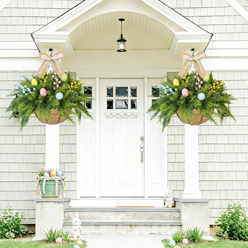 Set of 2 Easter Artificial Hanging Plant Flower Baskets, Fake Planter Hanging with 24 Pcs Cypress Leaves, Faux Ferns with Easter Eggs & Berries for Outdoor Spring Decor Porch, Garden, Patio - color: Green, Multi-colored