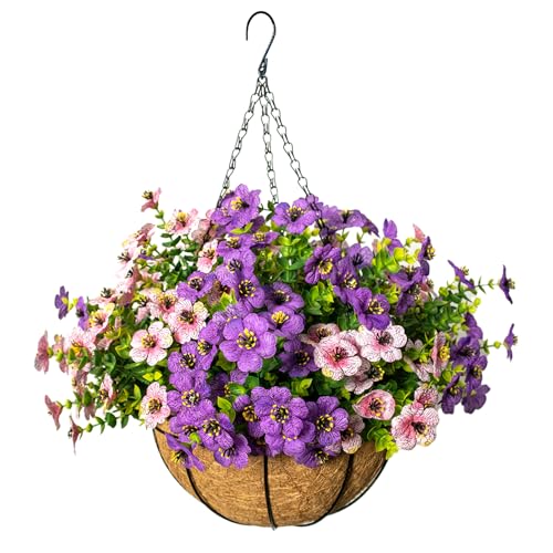 Artificial Hanging Flowers for Outdoors with Basket,UV Resistant Realistic Faux Hanging Plants Outdoor Artificial Flowers for Outdoors Basket for Yard Porch Patio,12 Bundles(6,Pink,Purple) - color: Pink+purple