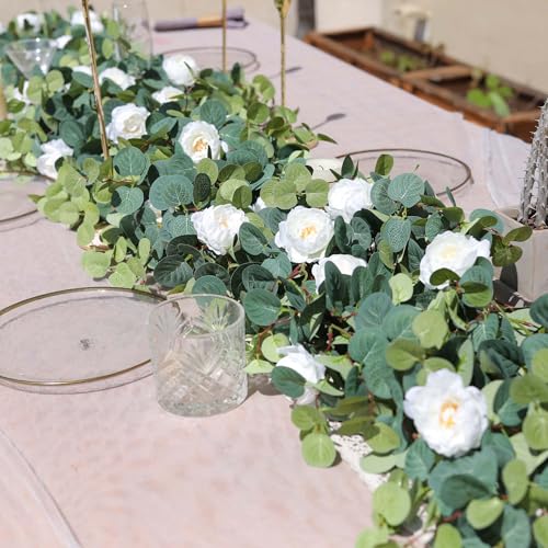 MISSPIN 2pcs Artificial Flowers Garland Spring Eucalyptus Garland Vintage Fake Flower Peony Rose Vine Greenery Decorative Wall Hanging Plant for Wedding Arch Door Arrangement Party Decor (White,2pcs) - color: White,2pcs