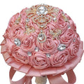 Artificial Everlasting Flower Hand Bouquet for Weddings and Photo Shoots, Crystal Peplum, Pink Rose Satin, Pearl Embellishments, Ribbon to Match, No Watering (Pink) - color: Expensivepink