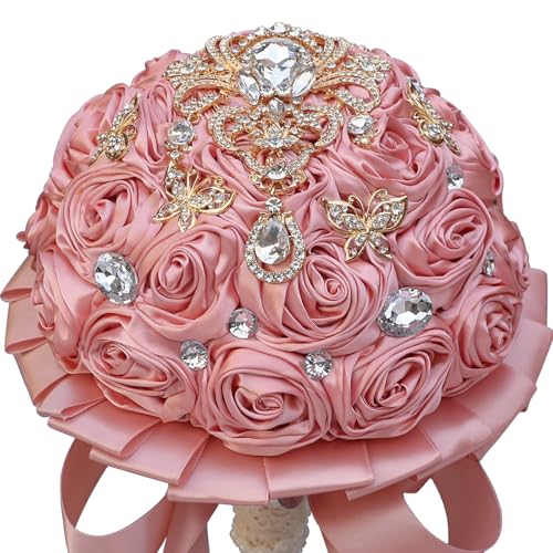 Artificial Everlasting Flower Hand Bouquet for Weddings and Photo Shoots, Crystal Peplum, Pink Rose Satin, Pearl Embellishments, Ribbon to Match, No Watering (Pink) - color: Expensivepink