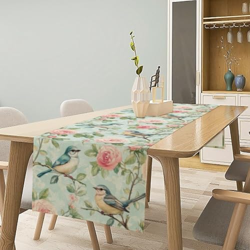 Spring Bird Floral Table Runner,Birds Table Runner Burlap Table Decoration for Seasonal Home Kitchen Dining Dinner Indoor Holiday Farmhouse Decor 13x36 in - color: Bird_14, size: 13x36inch