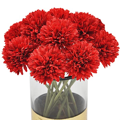 10Pcs Artificial Fake Flower Plants Silk Chrysanthemum Ball Hydrangea Arrangements Wedding Bouquets Decor Home Kitchen Garden Party Table Floral Centerpieces DIY (Red) - color: Red
