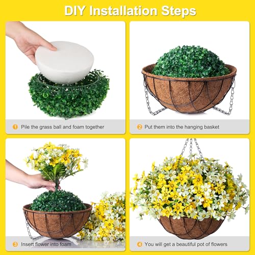INXUGAO Artificial Silk Flowers Hanging Baskets Outdoors,Chrysanthemum with Eucalyptus Leaves Arrangement for Garden Yard Decor,Faux Plant in Metal Coconut Lining Flowerpot(Yellow) - color: B-yellowwhite