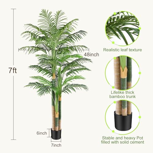 7ft Tall Triple Golden Cane Palm Artificial Tree Large Tropical Palm Tree UV Resistant Fake Plant in Pot for Indoor Outdoor Big House Living Room Outside Patio Office Home Decor 1Pack - size: 7ft