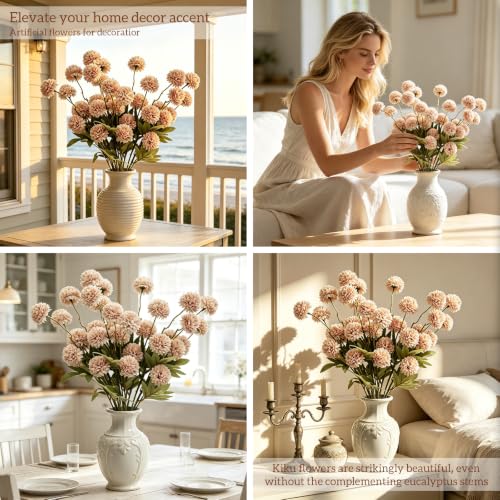 8pcs Beige Fake Flowers Silk Pompon Mum Artificial Flowers,Mini Artificial Chrysanthemums with Stems,Faux Flowers For Vase,for Wedding Centerpieces, flower arrangements, vase fillers, and home decor - color: Beige