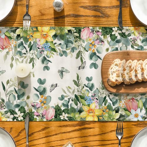 Artoid Mode Bloom Flowers Eucalyptus 210 GSM Spring Table Runner, Seasonal Summer Kitchen Dining Table Decoration for Home Party Decor 13x72 Inch - size: 13" x 72", Table Runner