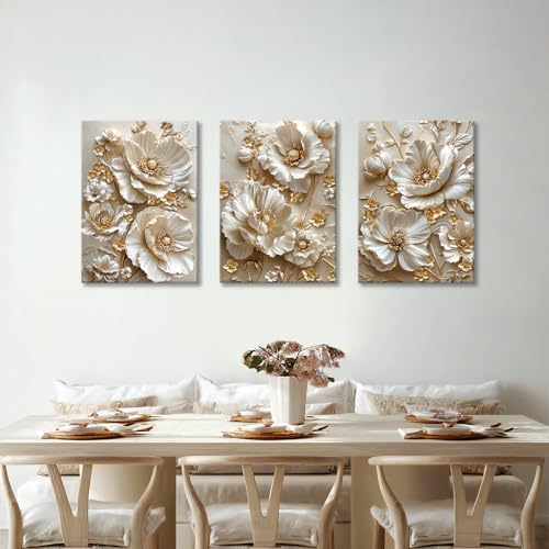 3 Pcs Modern Beige Gold Peony Floral Canvas Wall Art, Neutral Elegant 3d Beige Flowers Wall Painting White Blooming Floral Pictures Posters Art Print Home Decor for Bedroom Living Room Office 16x24x3 - color: Flower-gold peony, size: 16"x24"x3Pcs