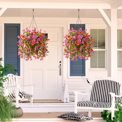 ZFProcess Artificial Hanging Flowers for Outdoors Spring Summer Decoration, 2PCS Silk Fake Daisy Realistic Outdoor Flowers UV Resistant Porch Patio Window Yard Decor(Purple Red) - color: Purple Red