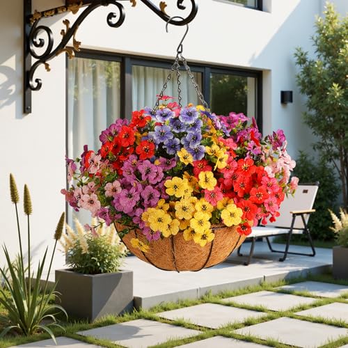Artificial Outdoors Flowers with Hanging Basket, UV Resistant Fake Hanging Flowers, Faux Silk Plants with Planters for Porch Home Patio Balcony Yard (Rose Red, Red, Purple, Yellow, Pink, Blue) - color: 6 Multicolor, size: 1PCS
