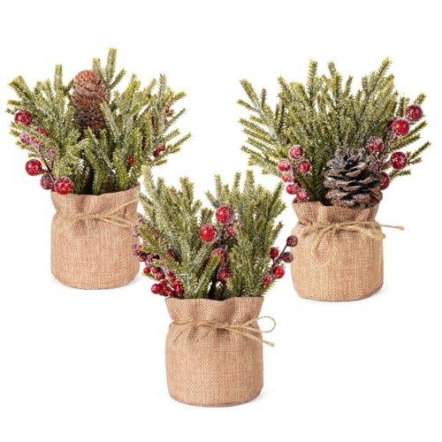 Velener Artificial Christmas Flowers for Outdoor-3 Pcs Faux Pine Branches with Red Berries & Pinecones, Fake Christmas Greenery Stems with Burlap Bag Vase, Winter Norfolk Pine Branches for Indoor - color: Green