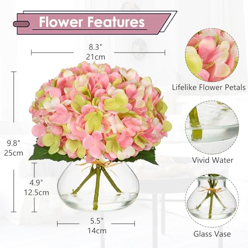 Hollyone Hydrangea Artificial Flowers with Glass Vase Pink-Green Silk Faux Flowers Arrangements in Vase with Faux Water Fake Floral Bulk Bouquet for Home Decor Table Centerpiece Decorations - color: Hydrangea, Pink-green