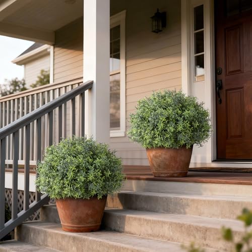 2 Sets Artificial Rosemary Topiary Ball Trees for Front Door - UV Resistant Faux Outdoor Rosemary Bushes, Fake Spring/Summer Greenery Potted Plants for Farmhouse Garden Porch Outside Decor