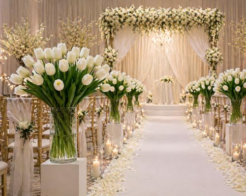 20 Artificial Tulip Flowers – Real Touch Faux Tulips Bouquet for Home Decor, Wedding Centerpieces, Bridal Arrangements, Office, and Spring Floral Decorations (20, White)