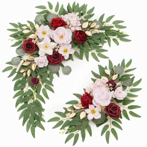 Faux Flower Swag Set of 2 for Wedding Welcome Signs Floral Swag Wedding Reception Ceremony Signs Decor (A-Burgundy Pink) - color: A-burgundy Pink