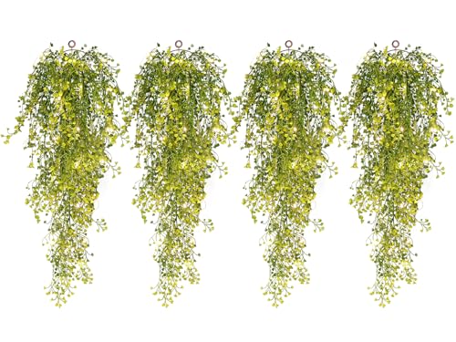 RECUTMS 4Pcs Artificial Hanging Ferns Plants with 30 Lights Fake Ivy Vine Faux Greenery Garland for Porch Fence Patio Yard Wedding Party Indoor Outdoor Decorations (Yellow) - color: Yellow-light